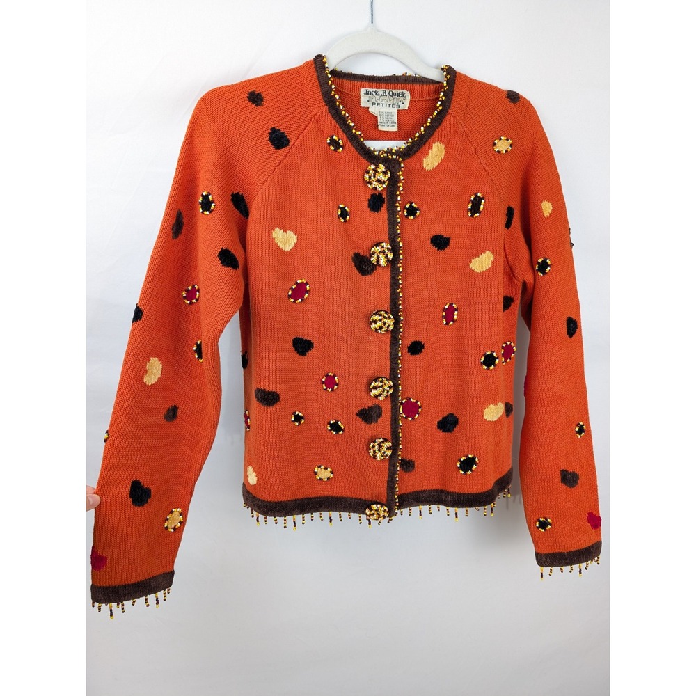 Vintage 90s Beaded Candy Corn Halloween Button Cardigan Orange Retro 3D Teacher